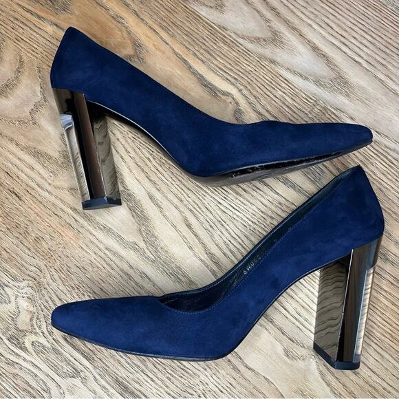 Stuart Weitzman Lucite Navy Suede Almond Toe Chunky Pumps Blue Heels Women’s 9 - Picture 7 of 11